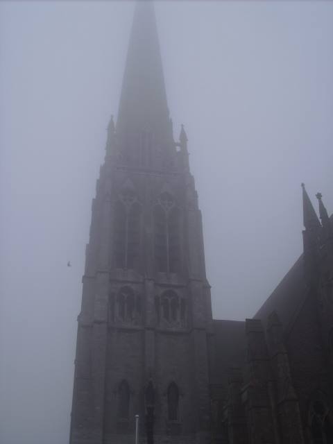 St Walburge's Church Spire, disappearing into the mist. At 309 ft tall, it's the tallest parish church in the UK.