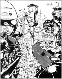Early Carlos Ezquerra Dredd picture. Check out the curvy buildings, a Carlos trademark. Beautiful